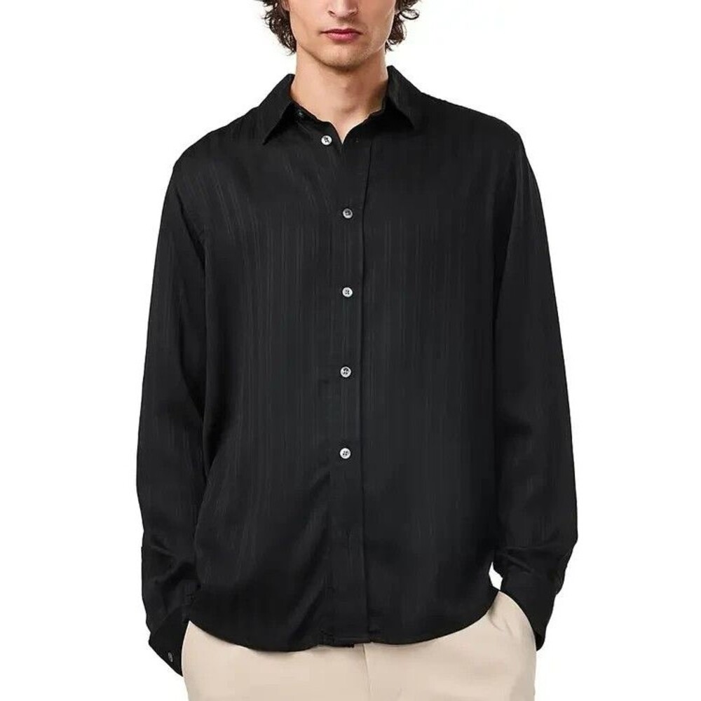 NN07 Button Up Shirt Mens Large Black Solid Stripe Tencel COLBY $230